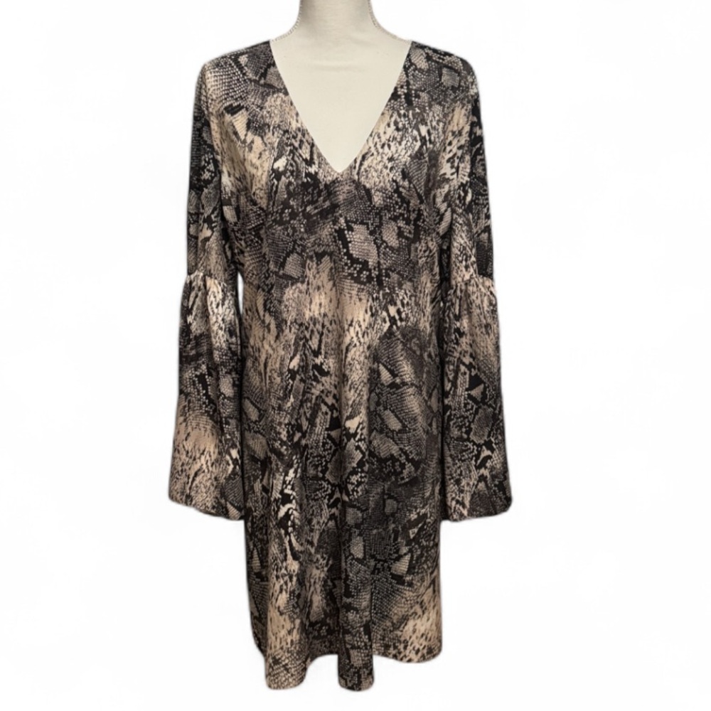 ELVI Snakeskin Print V-Neck Bell Sleeves Chiffon Dress Fully Lined 🆕 NWOT Sz 18